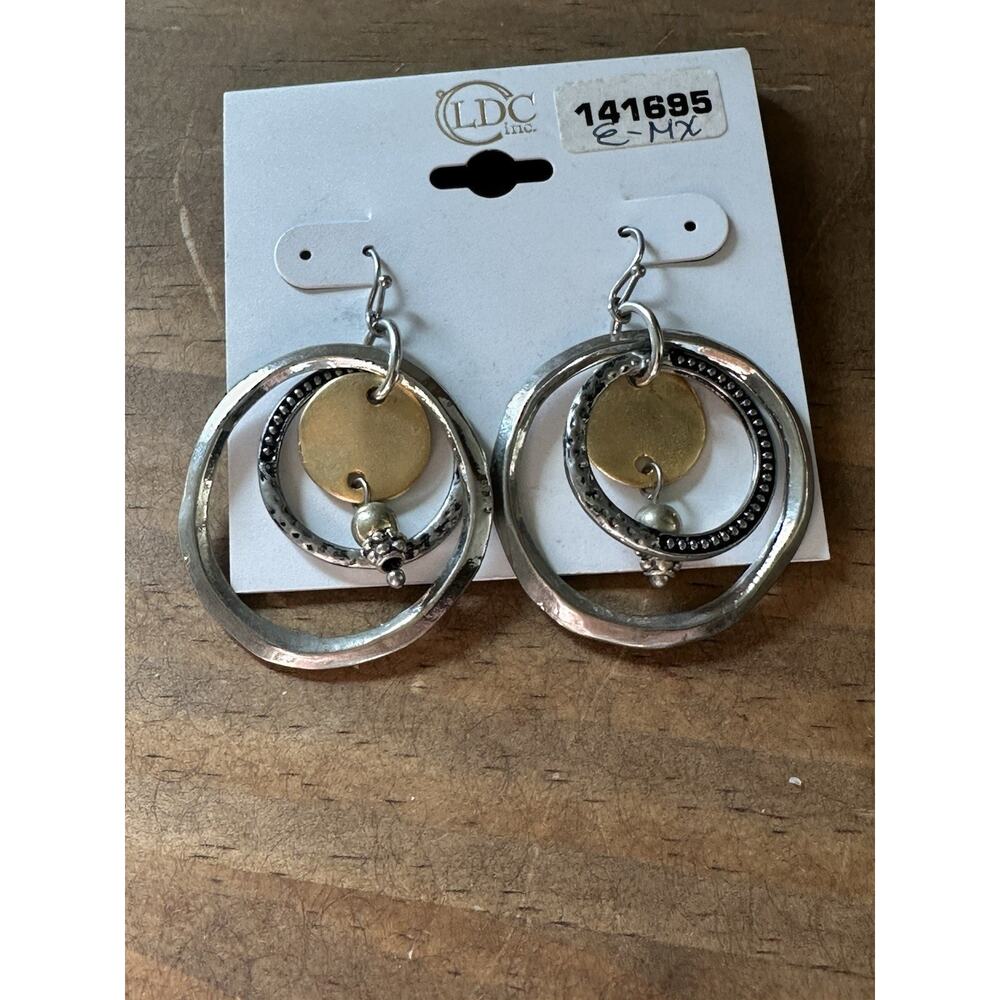 New Copper and Silver Tone Three Hoop Dangle Hook Earrings